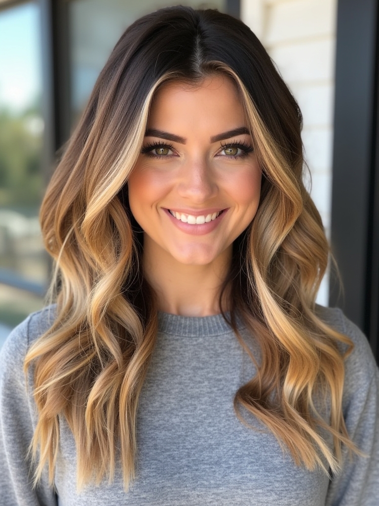 Honey Brown Balayage on Wavy Hair