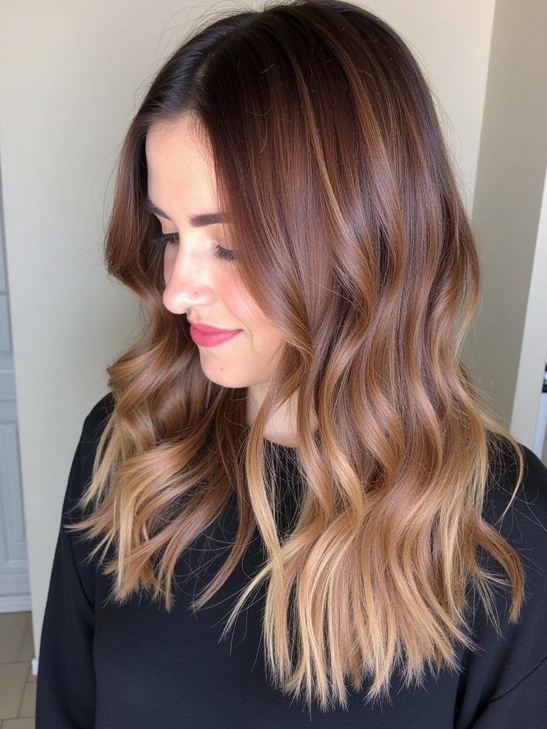 Honey Brown Balayage with Burgundy Lowlights