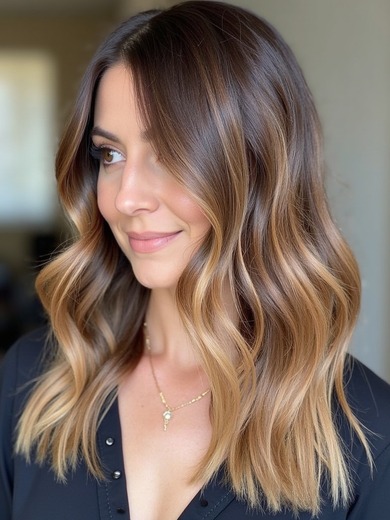 Honey Brown Balayage with Face-Framing Darker Tone