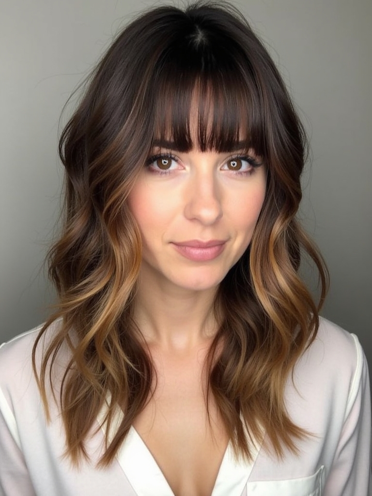 Caramel Balayage with Side Swept Bangs