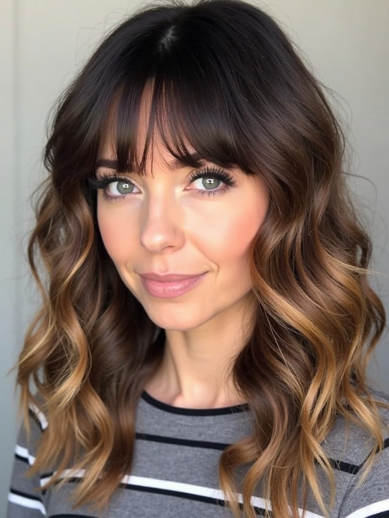 Caramel Balayage with Curly Bangs