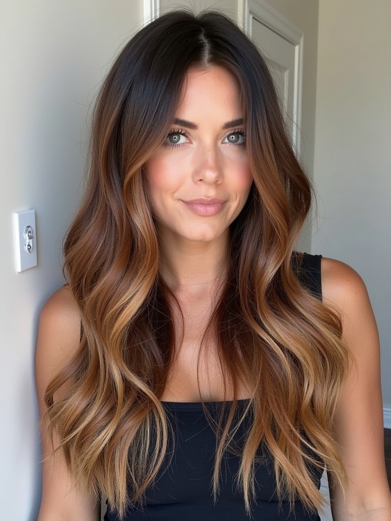 Rich Honey Brown Balayage with Dark Roots