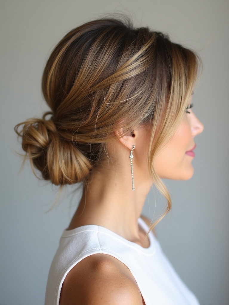 Long Hair Older Women: Low Bun with Face-Framing Pieces