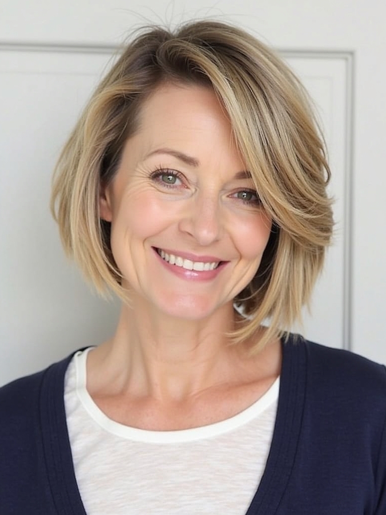 Hairstyles For Thin Fine Hair For Over 60: Chin-Length Bob with Side-Swept Bangs