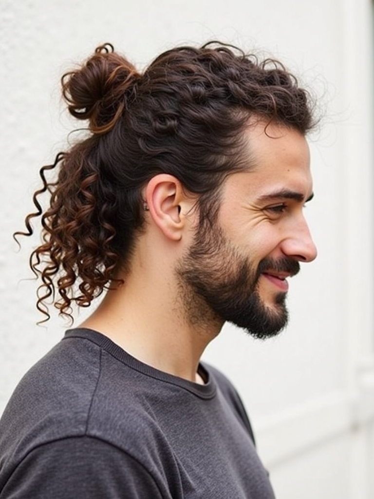 Mens Curly Hair Styles: The Half Up Man Bun