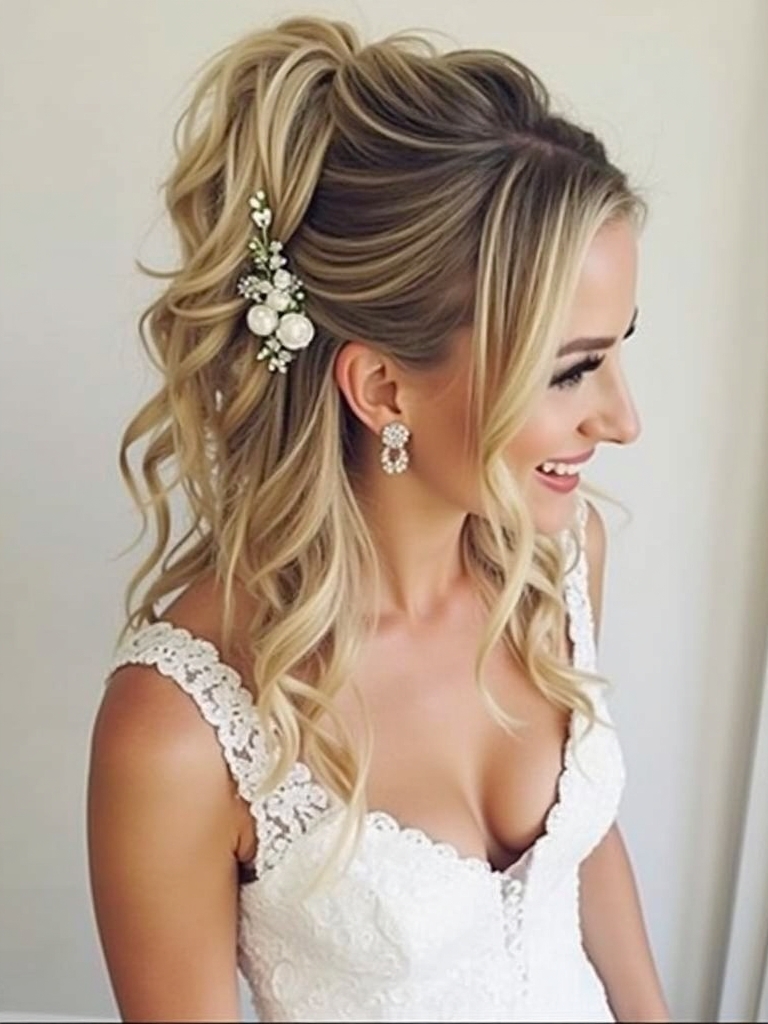 Half Up Half Down Bridesmaid Hair with a High Pony Accent
