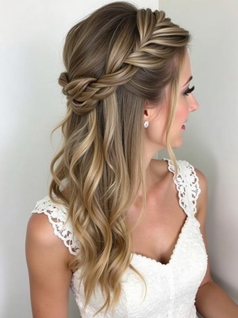 Half Up Half Down Wedding Hairstyle with Waterfall Braid