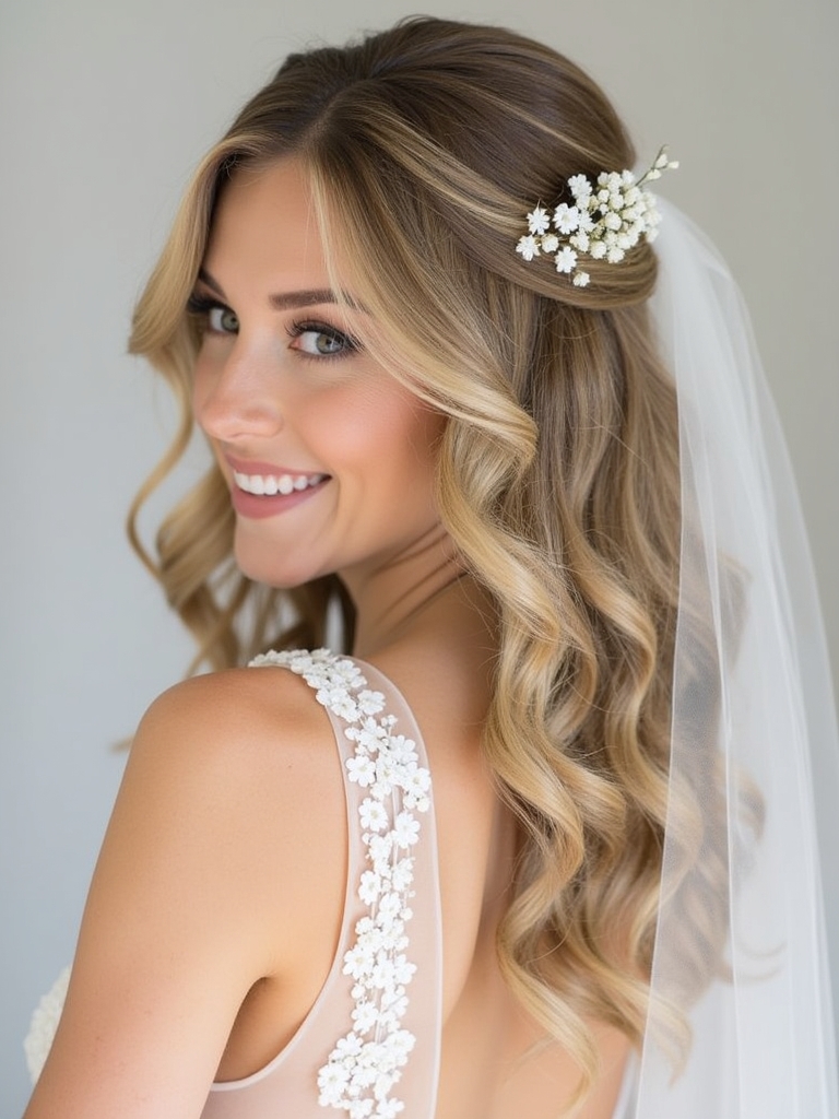 Half Up Half Down Wedding Hairstyle with Soft Curls and Veil