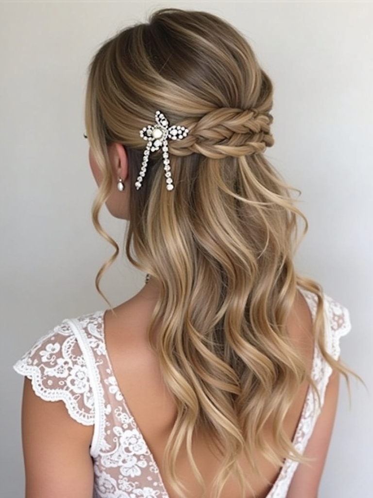 Half Up Half Down Wedding Hairstyle with Volume at Crown