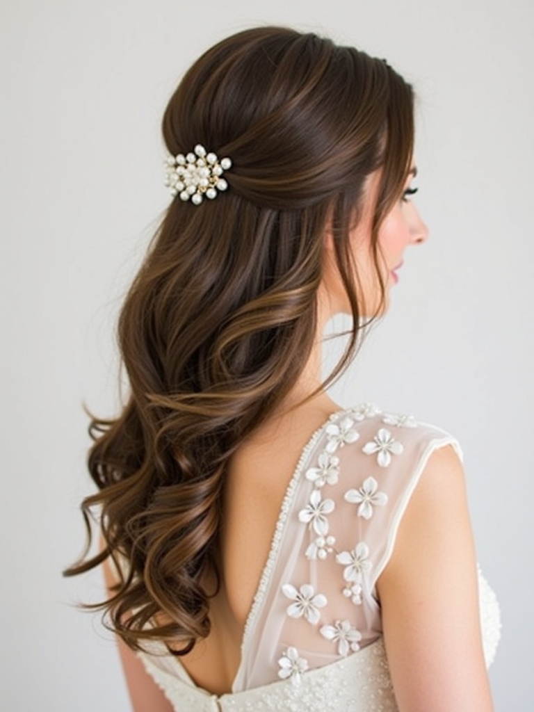 Half Up Half Down Wedding Hairstyle with Pearl Accents