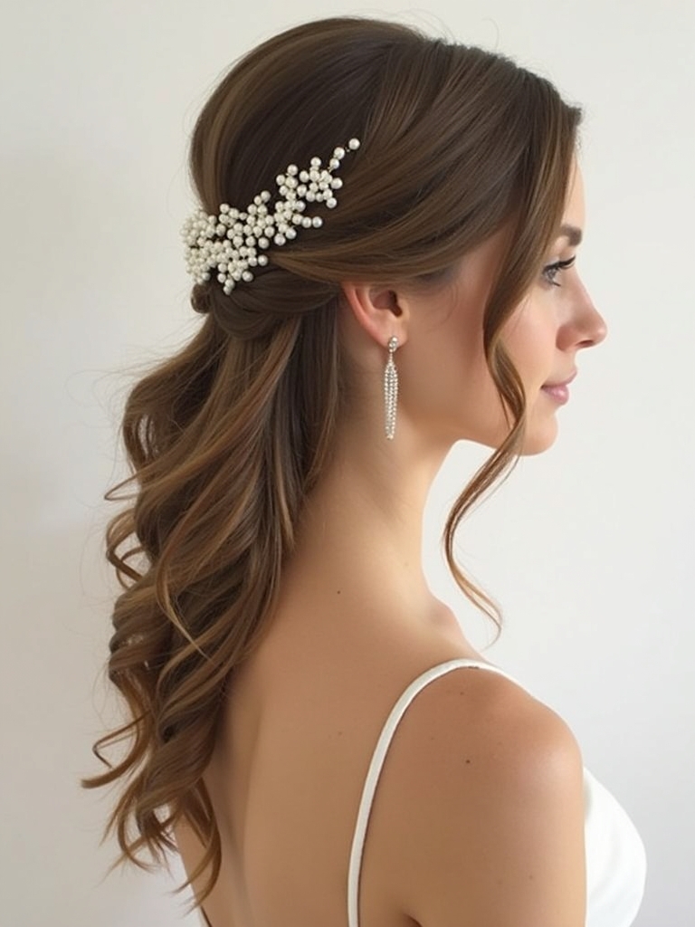 Half Up Half Down Bridesmaid Hair with a Pearl Embellishment