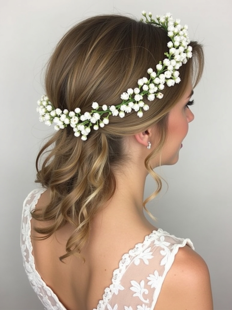 Half Up Half Down Wedding Hairstyle with Floral Crown