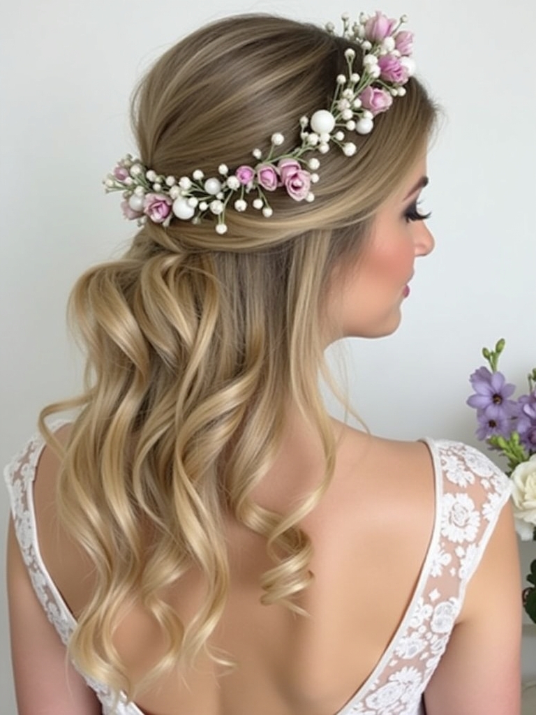 Half Up Half Down Bridesmaid Hair with a Floral Crown