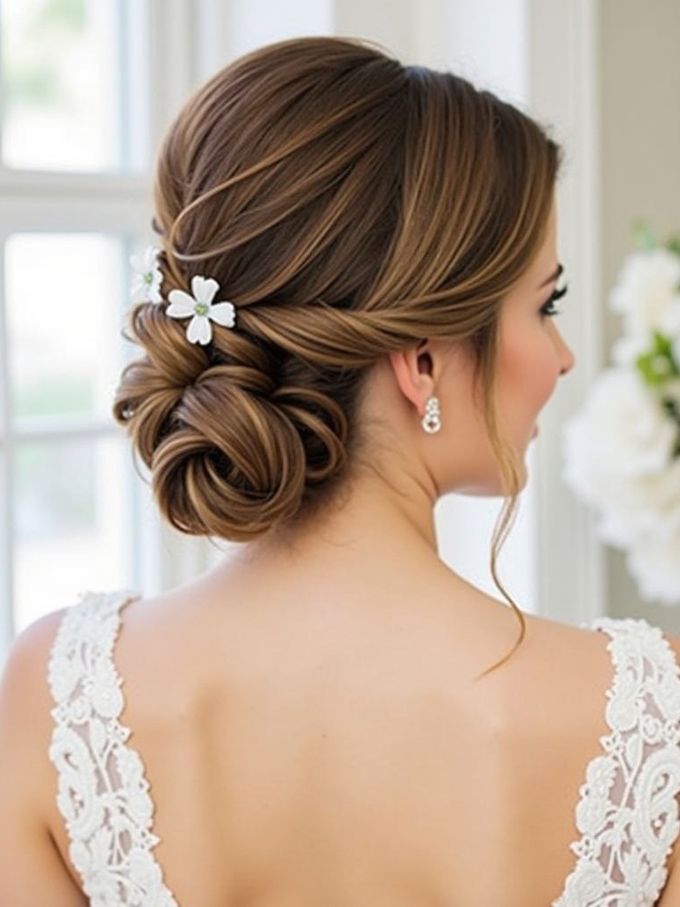 Half Up Half Down Wedding Hairstyle with Messy Bun Top