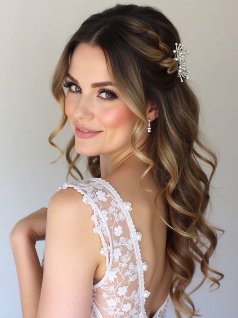 Half Up Half Down Wedding Hairstyle with Twisted Sides and Curls