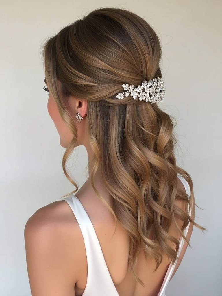 Half Up Half Down Wedding Hairstyle with Bejeweled Clip