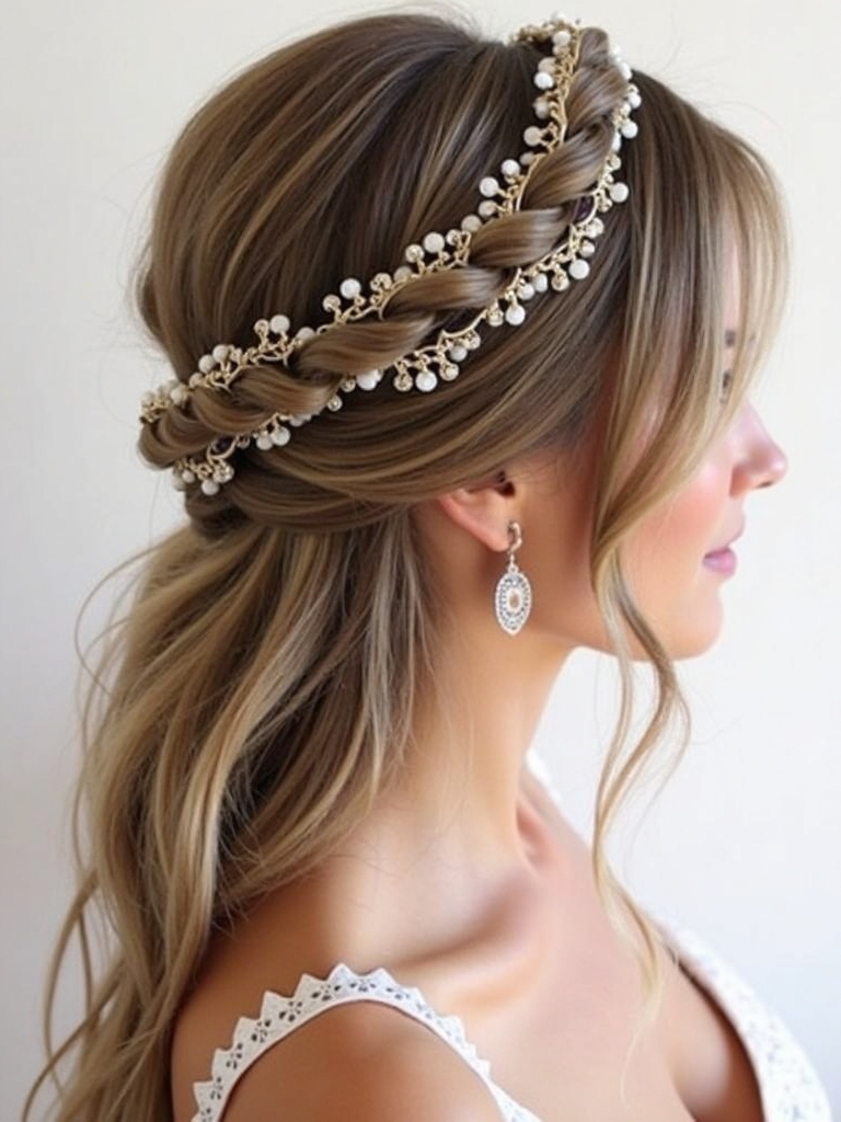 Half Up Half Down Wedding Hairstyle with Delicate Hair Chain