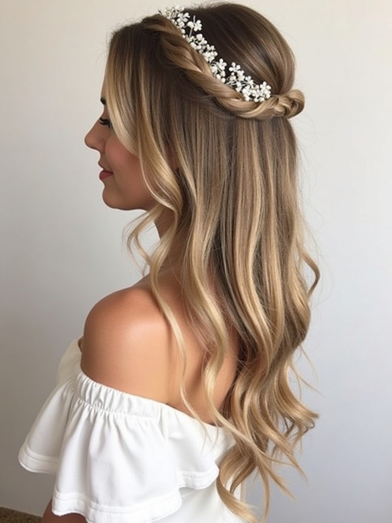 Half Up Half Down Bridesmaid Hair with a Halo Braid
