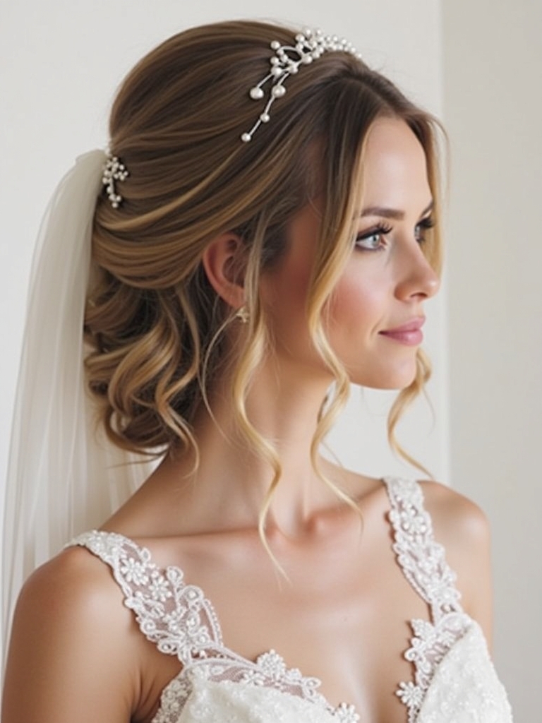 Half Up Half Down Wedding Hairstyle with Sweeping Fringe