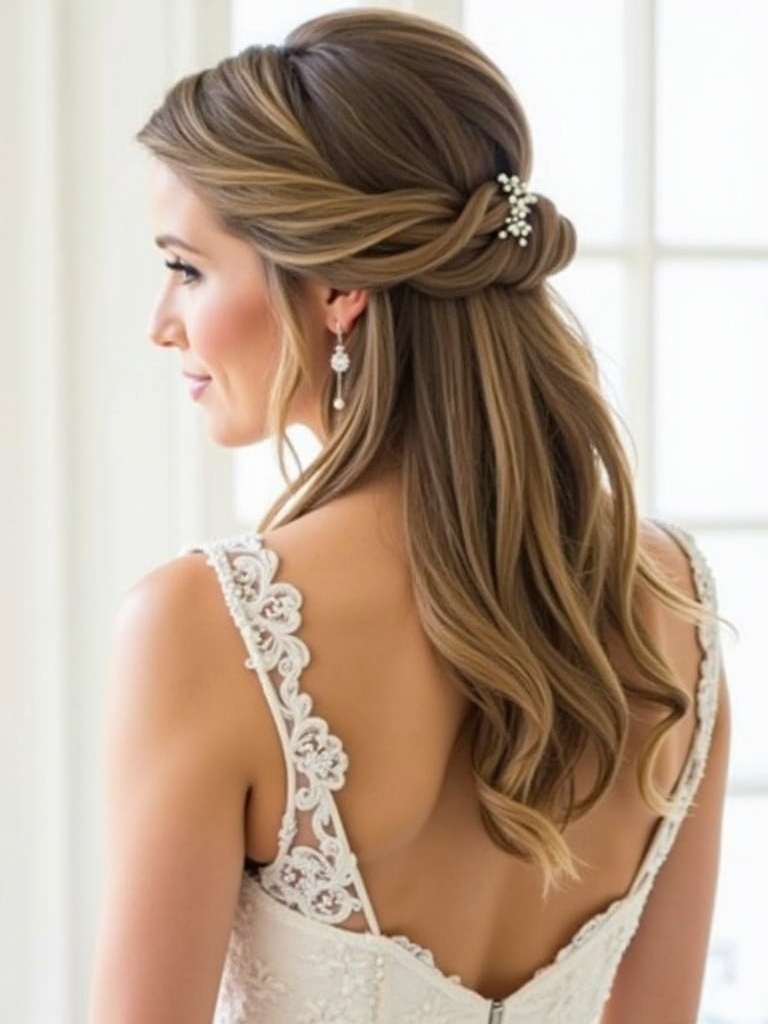 Half Up Half Down Bridesmaid Hair with a Simple Pin-Back