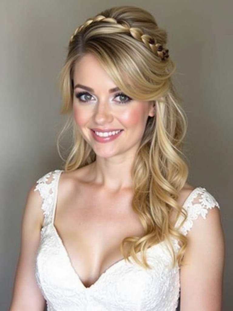 Half Up Half Down Wedding Hairstyle with Front Braids Framing Face