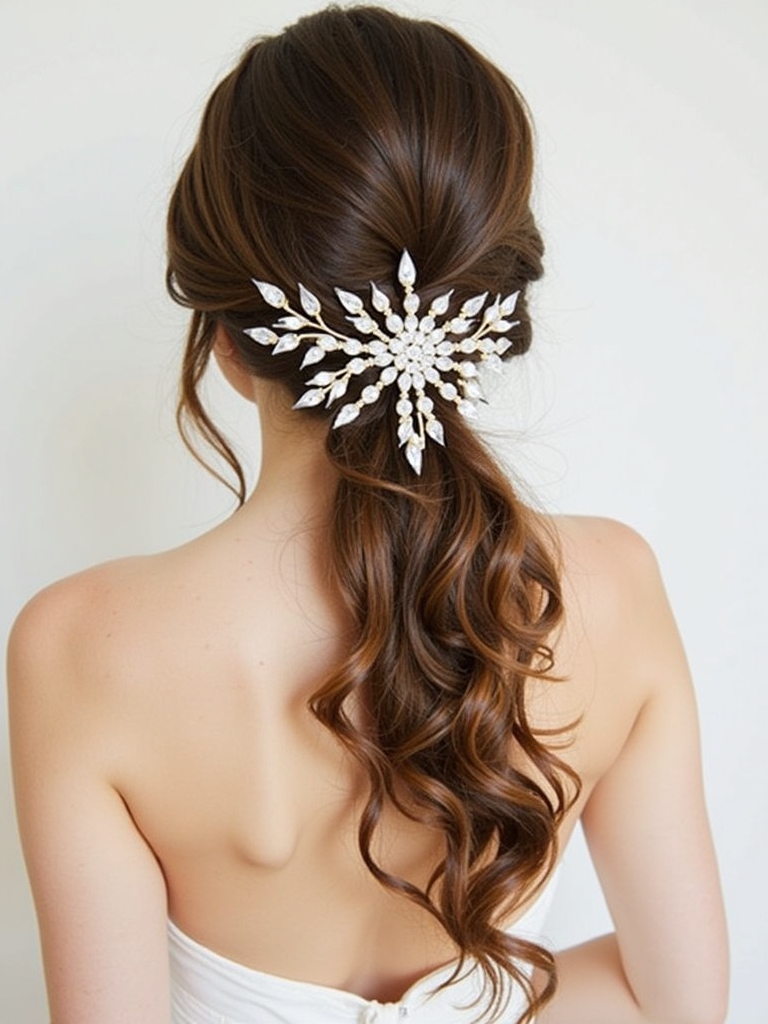 Half Up Half Down Wedding Hairstyle with Accessorized Ponytail