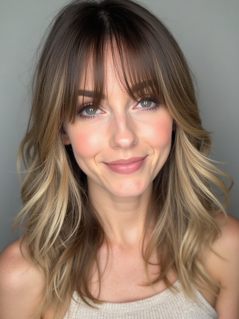 Mushroom Bronde with Curtain Bangs: Soft Framing