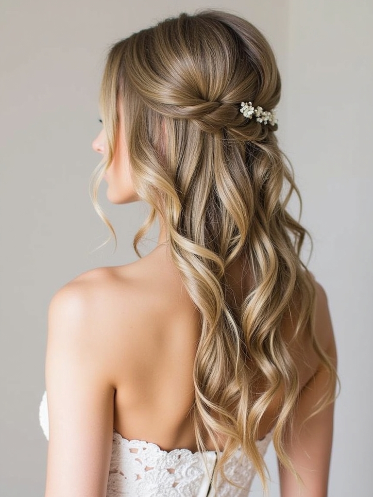 Half Up Half Down Wedding Hairstyle for Maid of Honor with Soft Waves