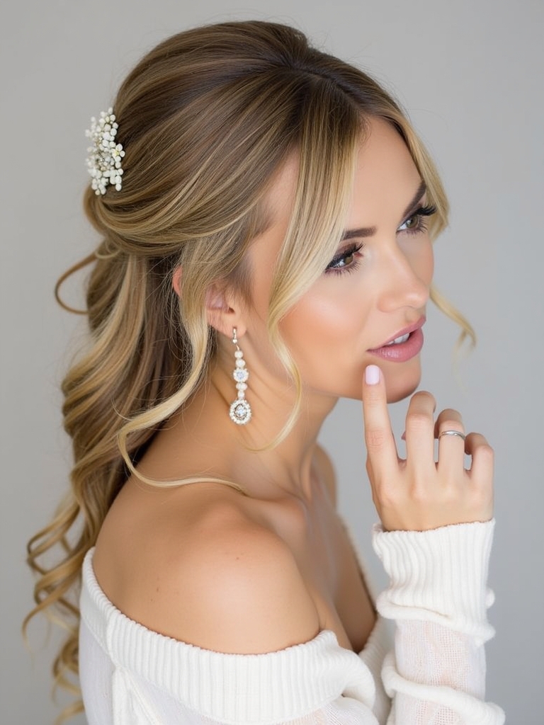 Half Up Half Down Bridesmaid Hair with Face-Framing Tendrils