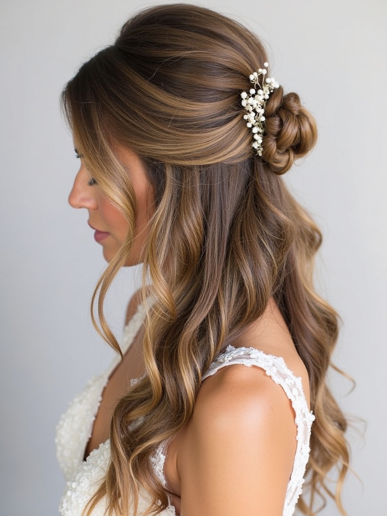 Textured Half Up Half Down Wedding Hairstyle with Loose Waves