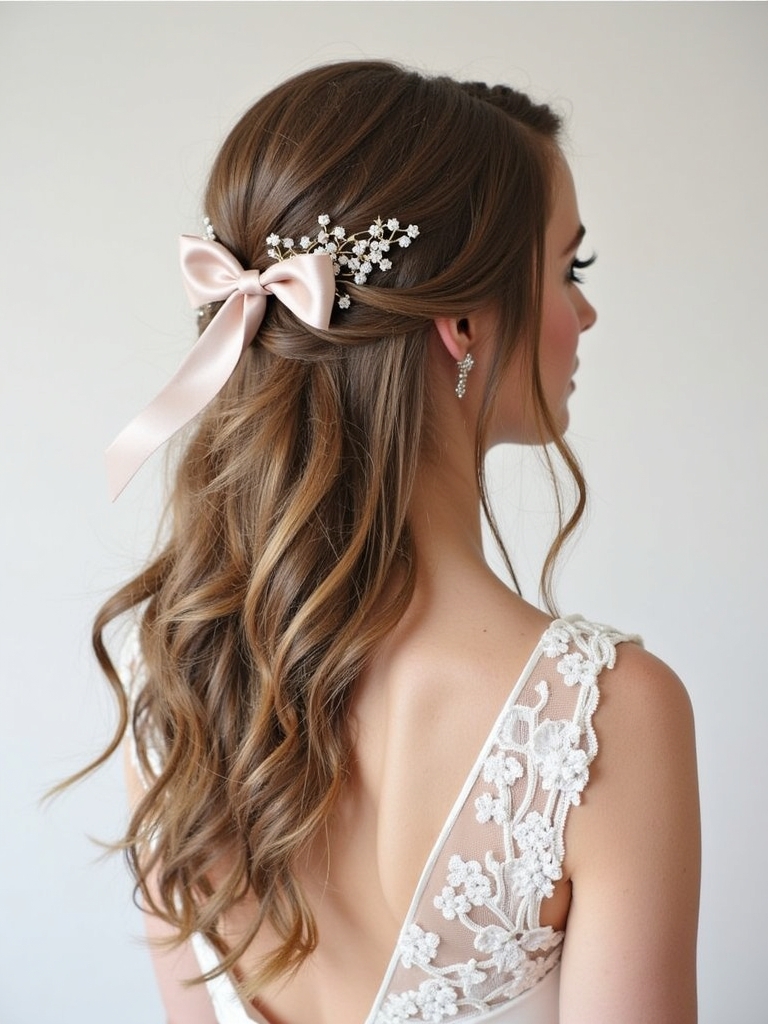 Half Up Half Down Wedding Hairstyle with Ribbon Accent